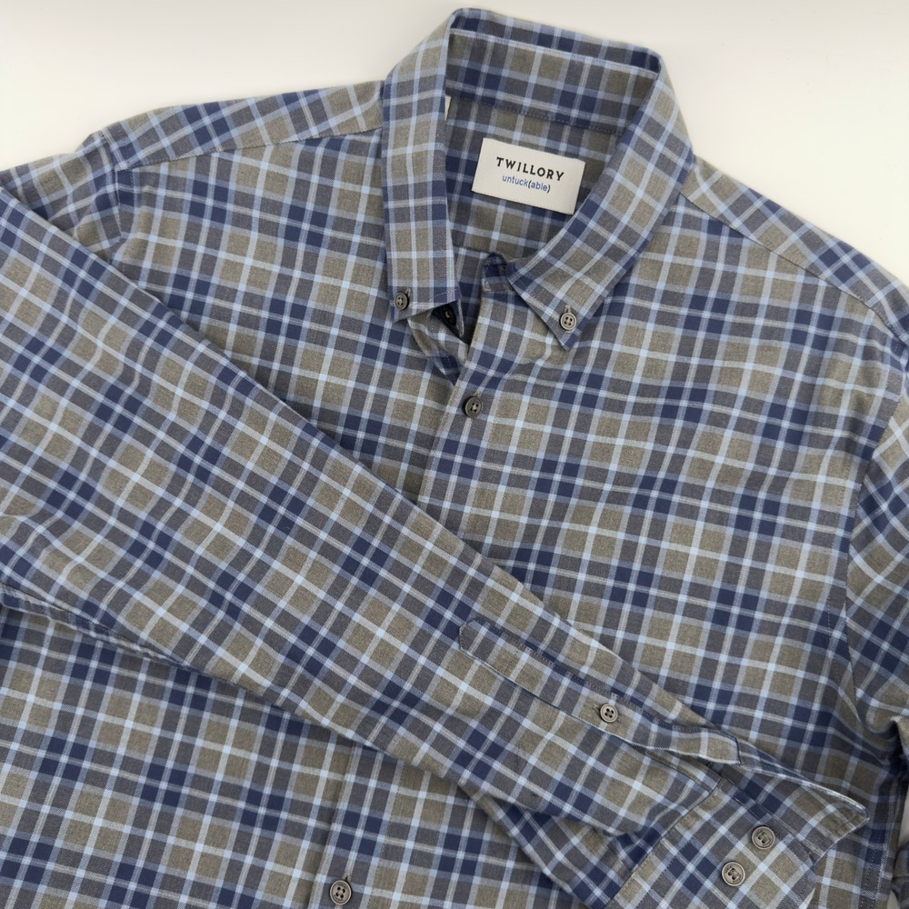 Twillory Mens Untuckable Tailored Fit Plaid Button Down Shirt Blue Grey Medium - Picture 1 of 7